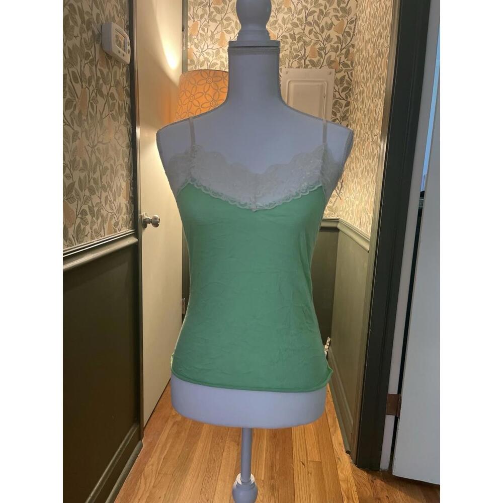 Vintage Bongo Tank Womens Green/Ivory Lace Beaded Y2K 90s Cami Going Out Top - S
